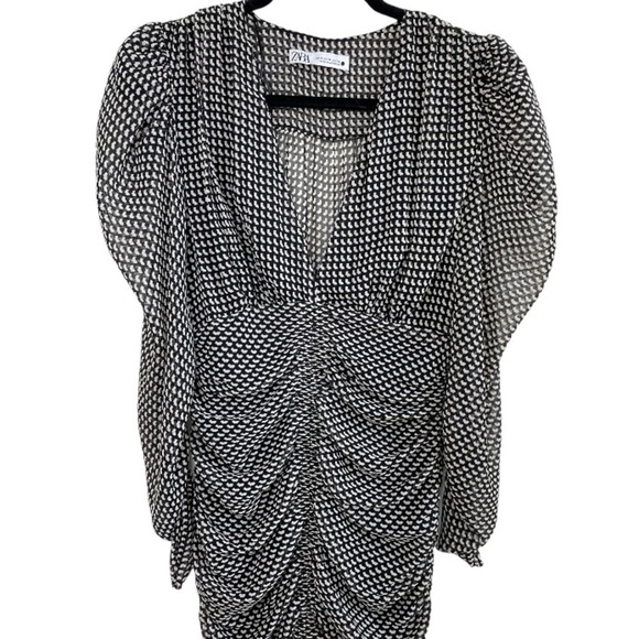 ZARA Sheer Gathered Puff Sleeve Mini Dress size M - Picture 4 of 9